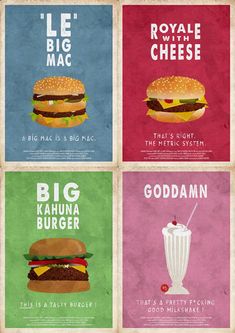 four different types of burgers with the names of them on each one and an image of