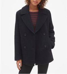 Straight silhouette with a relaxed fit. Hits at the hip. Smooth, cozy wool-blend weave. Fully lined. Long sleeves. Wide, notch lapel collar. Double-breasted button front. Hidden safety button closure. Front welt pockets. Size XS New with tag Peacoat Jacket, Gap Women, Clothing For Tall Women, Gap Jacket, Wool Peacoat, Tall Women, Vest Jacket, Double Breasted, Coats For Women