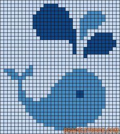 a cross stitch pattern with blue flowers and clouds in the sky on a white background