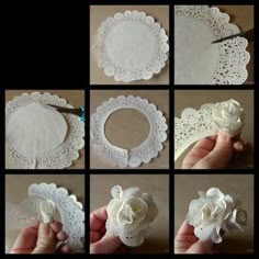 the instructions for how to make a lace doily wreath with flowers and leaves on it