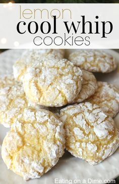 lemon cool whip cookies on a plate with christmas lights in the background and text overlay