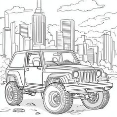 a coloring page with a jeep in front of a cityscape and skyscrapers