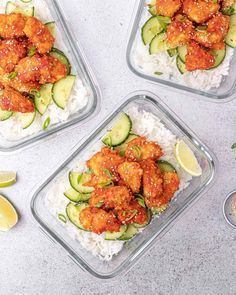 three glass containers filled with rice, cucumber and chicken on top of a table