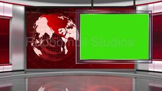 a news set with a green screen on the wall