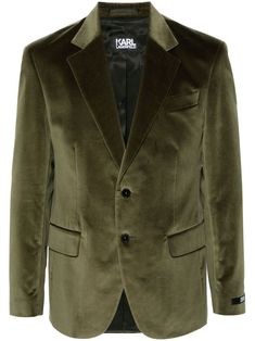 olive green cotton velvet dart detailing notched lapels front button fastening shoulder pads long sleeves buttoned cuffs chest welt pocket two front flap pockets English rear vents straight hem logo-jacquard lining Green Velvet Blazer Outfit, Velvet Blazer Outfit, Green Velvet Blazer, Versace Sneakers, City Shorts, Balenciaga Track, Green Blazer, Velvet Blazer, Balenciaga Triple S