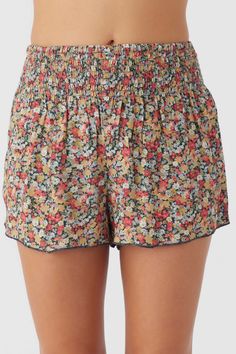 Cute and essential pull-on short that has an allover print design, smocked elastic waist and flowy fit. O'Neill Women's woven short 2.5" Inseam 13" Rise Smocked waistband Allover print 100% Viscose Casual Pajama Shorts With Elastic Waistband For Beach Season, Beach Floral Print Stretch Shorts, Stretch Floral Print Shorts For Beach, Stretch Floral Print Beach Shorts, Stretch Floral Print Shorts For Vacation, Elastic Waistband Shorts For Summer Outings, Trendy Beach Bottoms With Smocked Back, Casual All Over Print Spring Bottoms, Elastic Waistband Shorts For Spring Vacation