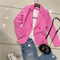 Slim Fit Blazer Very Beautiful Pink Color Pink Casual Outerwear With Notch Lapel, Casual Pink Outerwear With Notch Lapel, Trendy Tailored Pink Outerwear, Tailored Pink Outerwear For Spring, Pink Spring Outerwear For Office, Spring Office Pink Outerwear, Pink Office Outerwear For Spring, Bright Blazer, Slim Fit Blazer