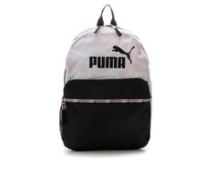 Lightweight 100% polyester construction, Adjustable padded shoulder straps and top grab handle, Large main compartment featuring laptop slip pocket ideal for 15\ laptops and dual zipper closure, Large external front pocket with zipper closure, Side mesh pocket ideal for water bottle storage, Approx. 16 inches H x 10 1/2 inches W x 5 inches D, PUMA® branding details | Puma Grandslam Backpack in Pink Marble Puma Backpack, Lunch Box Backpack, Water Bottle Storage, Bottle Storage, Unisex Accessories, Pink Marble, Womens Backpack, Laundry Bag, Front Pocket