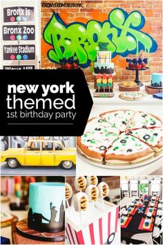 new york themed 1st birthday party with lots of food and decorations, including pizzas