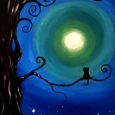 a painting of a cat sitting on a tree branch with the moon in the background