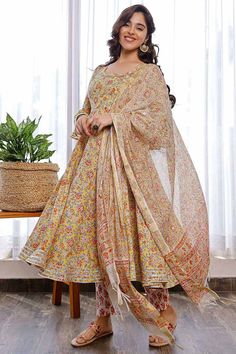 Buy Mustard Hand Block Printed Floral Anarkali With Flare Sleeves Paired With Pants And Chandeeri Dupatta Floral Anarkali, Floral Work