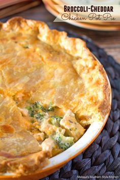 broccoli - cheddar chicken pot pie on a wicker place mat