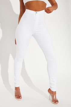 Consider your waist instantly snatched. Our Super High Waist Denim Skinnies will hug your curves tight while still allowing you to move freely. Featuring 2 round back pockets, a cotton-poly-spandex blend and a 31-inch inseam, you'll want these jeans in every color. Available In A Variety Of Colors Skinny Fit Functional Back Pockets High Stretch Fabric 11.5" High Rise 31" Inseam Plus Sizes Available 97% Cotton, 3% Lycra. Disclaimer: Due To The Specialized Wash Process, Each Garment Is Unique Impo White High Stretch Cotton Bottoms, White Stretch Cotton Bottoms, High Waist White Stretch Jeans, Fitted High Waist Cotton Jeans, White Stretch High Rise Jeggings, White Stretch High-rise Jeggings, High Rise Fitted Cotton Jeggings, Fitted High Rise Cotton Jeggings, High Waist Stretch Cotton Jeggings