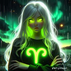 a woman with green eyes and long white hair is standing in front of an aurora sign