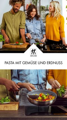 three people preparing food in a kitchen with the words pasta mit gerusse und erd