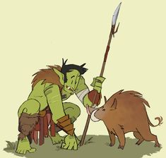 an animated image of a man kneeling down next to a boar with a spear in it's mouth