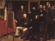 a group of men standing in front of an easel