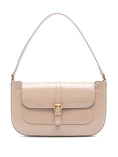 beige calf leather embossed crocodile effect foldover top with press-stud fastening single shoulder strap main compartment internal slip pocket Minimal Bags, Beige Bag, Chic Leather, Best Handbags, Genuine Leather Bags, Wide Straps, White Bag, Designer Bags, Hobo Bag