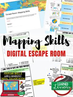 several maps with text that reads map skills digital escape room