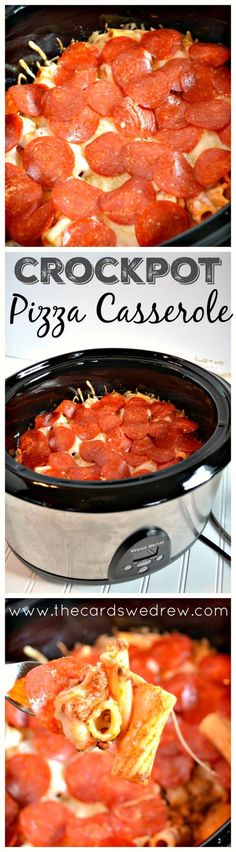 crockpot pizza casserole is shown in three different views