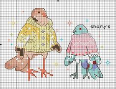 a cross stitch pattern with an image of a man and a bird wearing sweaters