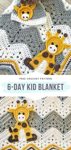 a crocheted blanket with two giraffes on it and the text, 6 - day kid blanket free crochet pattern