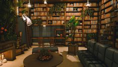 a living room filled with furniture and lots of bookshelves covered in plants on top of them