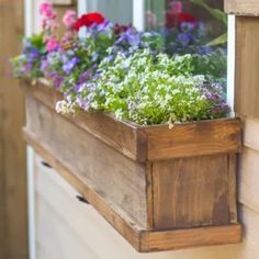 a window box filled with flowers on the side of a building