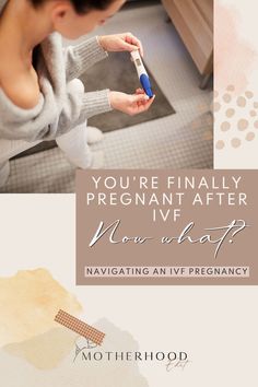 a woman in grey sweater holding a toothbrush over her mouth with text that reads, you're finally pregnant after ivf now wait? navigating an ivp