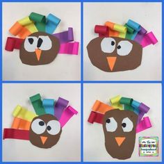 four different pictures of a turkey made out of construction paper and colored strips on it