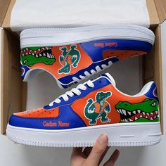 Florida Gators Personalized Af1 Shoes Bg03 Lightweight construction with breathable mesh fabric provides a comfortable and flawless fit. Af1 Shoes, Air Force Shoes, Personalized Shoes, Florida Gators, Unique Christmas Gifts, Black Laces, Dinosaur Print, Top Shoes, Shoe Collection