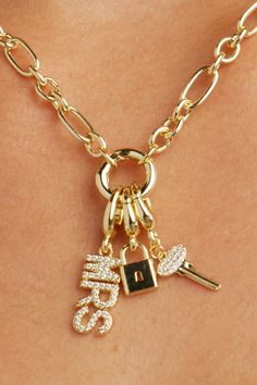 Unlock a world of charm with our adorable Lock Charm! Add it to your charm bracelet or necklace and gift your bestie the Key Charm to lock in your friendship forever. Trendy Gold Charm Necklace For Best Friend, Trendy Pendant Charm As Gift, Cute Friendship Dangling Charms, Trendy Pendant Charms As Gift, Trendy Pendant Charms For Gift, Dangle Jewelry With Logo Charm As Gift, Dangle Jewelry With Logo Charm For Gift, Gift Jewelry With Logo Dangle Charms, Cute Jewelry With Removable Charms For Friendship