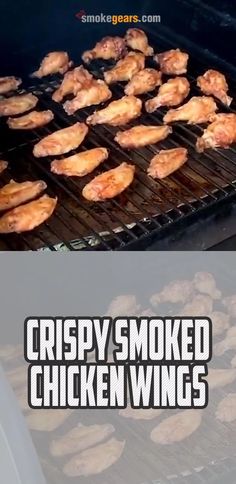 crispy smoked chicken wings are cooking on the grill and then being cooked in the oven