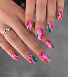 Nail Ideas For Spring Acrylic Almond, Green And Pink Nail Art, Simple Colourful Nails, 2 Different Color Nails, Jewel Tone Nail Designs, Color Block Nails Designs, Fun Spring Nails 2024, Miss Match Nails, Colorblock Nails