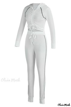 Olivia Mark - Premium Womens White Sportswear Set - Stylish Long Sleeve Two-Piece with Drawstring Hooded Collar and Solid Design White Moisture-wicking Tracksuit For Gym, Casual White Tracksuit For Workout, Casual White Workout Tracksuit, White Tracksuit For Workout, White Tracksuit For Workout Sportswear, White Sportswear Tracksuit For Workout, White Workout Tracksuit, Fitted Tracksuit For Leisure Sportswear, Fitted Tracksuit For Leisure In Sportswear Style