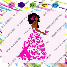 a woman in a dress with pink ribbon and butterflies