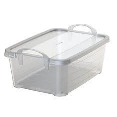 a plastic storage box with lid and handles