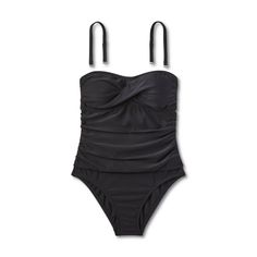 This Twist-Front Bandeau Classic One-Piece Swimsuit with Tummy Control from Kona Sol™ is made from soft fabric with added spandex for stretchy comfort. The sleeveless swimsuit fashioned in a classic bandeau silhouette in black will have you standing out from the crowd. The twist-front accent adds style, the tummy control feature gives you a flattering look, and the crisscross back ties with keyhole give you an ideal fit every time. Plus, you can choose the level of comfort thanks to the removabl Stretch Ruched Bodysuit For Swimming, Fitted Bandeau Tankini For Swimming, Solid Color Bandeau Tankini With Stretch, Stretch Bandeau Ruched Tankini, Solid Color Stretch Bandeau Tankini, Solid Stretch Bandeau Tankini, Seamless Fitted Bandeau Tankini, Black Strapless Stretch Tankini, Strapless Stretch Tankini For Swimming