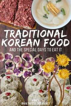 the cover of traditional korean food and the special days to eat, with an image of flowers