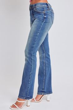 Slide into this denim like he does your DMs. Our Women’s WannaBettaButt Mid Rise Boot Cut Jeans made with recycled fibers will have you feeling too hot to handle. Part of our WannaBettaButt collection, these pants feature our famous heart-shaped stitching and perfectly placed pockets for a contouring look that lifts and enhances your natural curves. Constructed with midweight denim, this mid-waisted jean is fitted hip to knee with a subtle boot flare at the hem. Made with recycled material because earth is bae <3 Style with a baby tee and cowboy boots for a rocking good time! Product Details - Mid-Rise- Front Zip Fly with Single Button Closure - Classic 5-Pocket Construction - Boot Cut - Full LengthSize & Fit (based on size 5)- Inseam: 33”- Rise: 9”- Leg Opening: 18”Machine wash cold, sepa Washed Blue Stretch High Rise Flare Jeans, Mid-rise Stretch Flare Jeans In Washed Blue, Mid-rise Faded Recycled Denim Flare Jeans, Fitted Denim Blue Flare Jeans With Frayed Hem, Fitted Recycled Denim Bottoms In Washed Blue, Mid-rise Flare Jeans In Medium Wash Recycled Denim, High Rise Flare Jeans In Recycled Denim For Spring, Mid-rise Medium Wash Recycled Denim Flare Jeans, High-rise Recycled Denim Flare Jeans For Spring