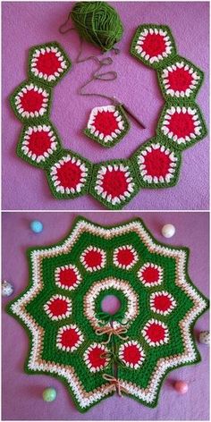 crocheted christmas decorations are displayed on the floor