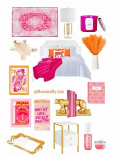 a collage of pink and gold items including a bed, desk, mirror, lamp, rugs