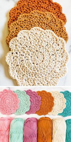 crocheted placemats with different colors and sizes