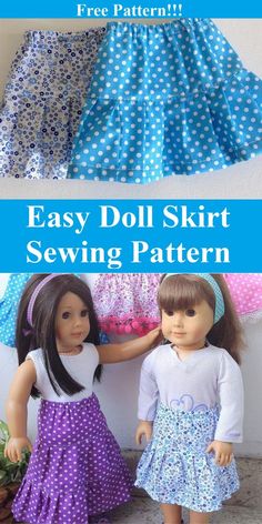 two dolls are standing next to each other with the text easy doll skirt sewing pattern