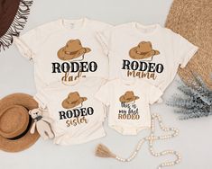 three t - shirts with rodeo mama and son on them next to a straw hat