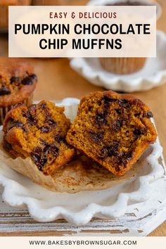 pumpkin chocolate chip muffins on a white plate