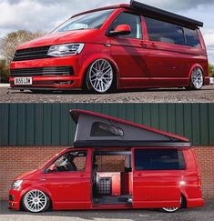 a red van parked in front of a brick building