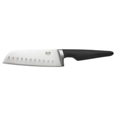 a large knife with black handle on a white background