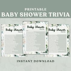 printable baby shower trivia with flowers and leaves on the sides, includes instructions to help