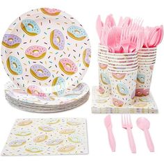 a table set with pink plastic forks, napkins and cups filled with donuts